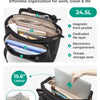 A black laptop tote bag showing internal organization features like a magnetic pocket, file layers, and electronics compartme