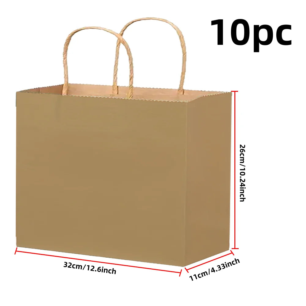 Ten reusable kraft paper gift bags with natural twine handles shown in a vertical view.