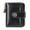Black leather compact wallet with a clasp closure and card slots.
