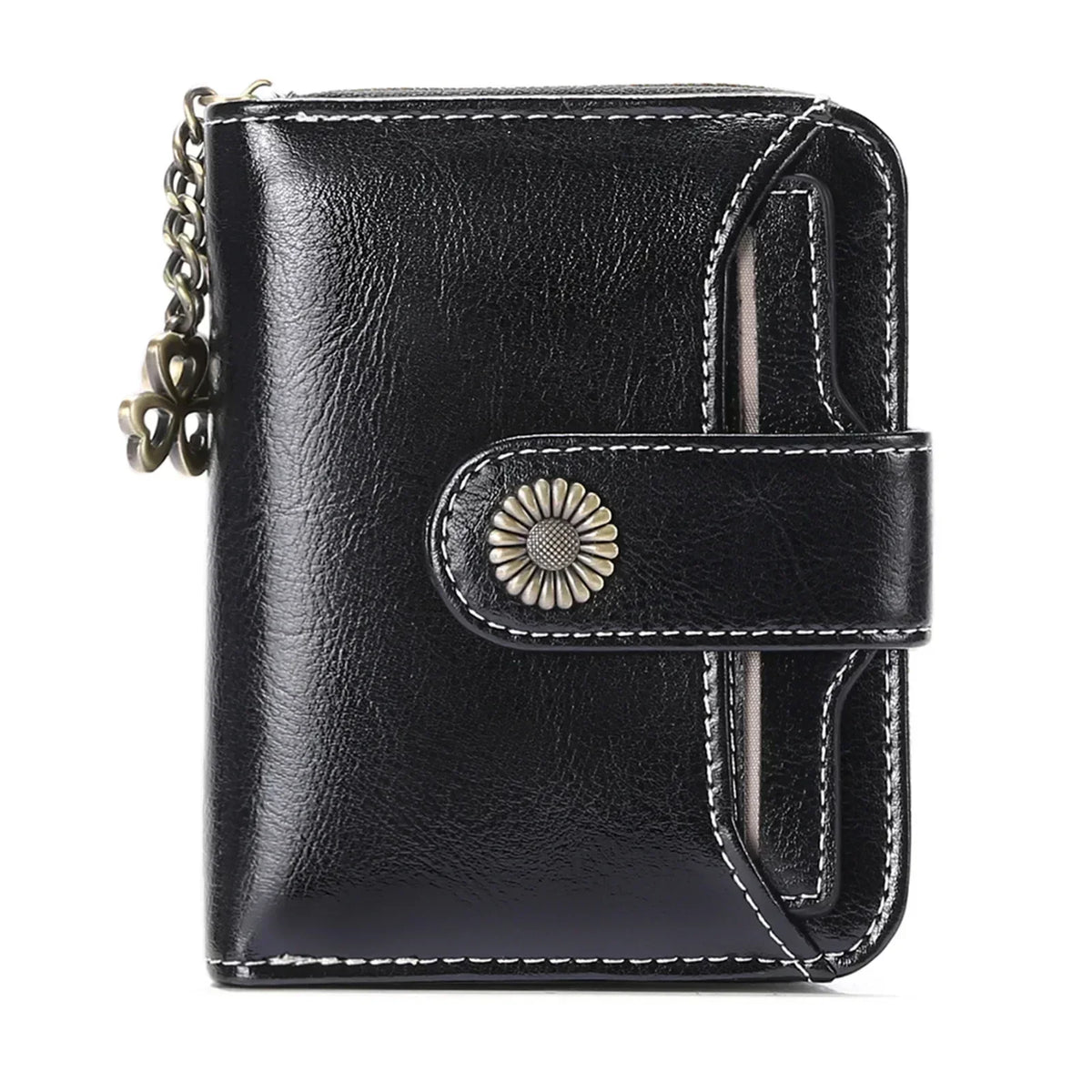 Black leather compact wallet with a clasp closure and card slots.