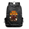 Schwarzer Anime-Stil multifunktionaler Rucksack mit dem Text SIX SEVEN in Orange und Gelb.
