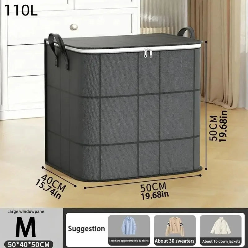 A gray foldable storage organizer bag with a lid shown next to a white cabinet and size measurements.