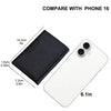 A black magnetic leather card wallet is shown next to a clear iPhone case for comparison.