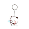 A white cartoon panda character holding a pink cup charm attached to a silver keyring.