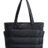 A black quilted tote bag with long handles shown against a white background.