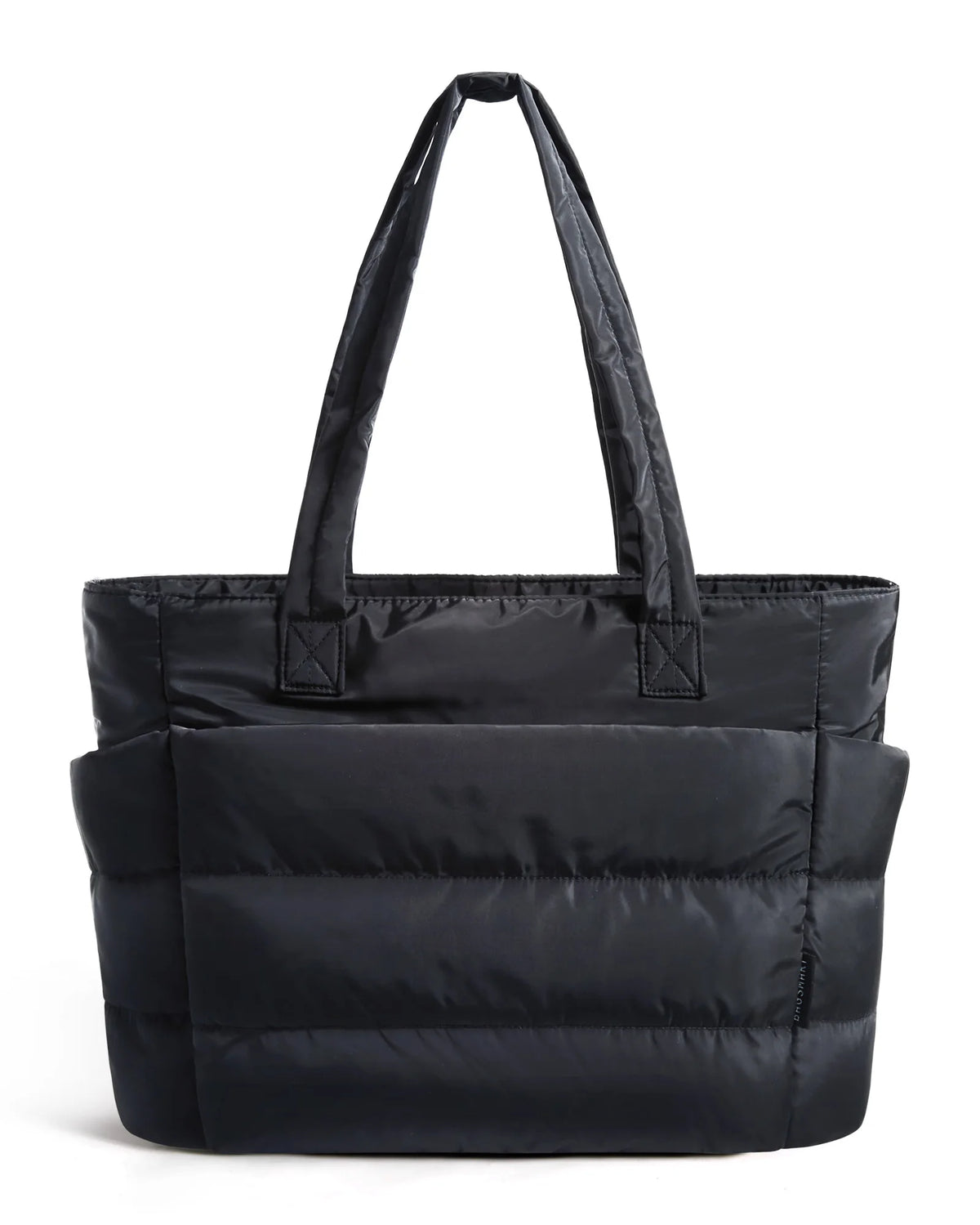 A black quilted tote bag with long handles shown against a white background.