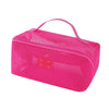 A bright pink mesh cosmetic organizer pouch with a handle for storing makeup and toiletries.