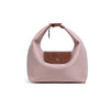 A light pink waterproof nylon crossbody bag with dual straps and a brown leather accent.