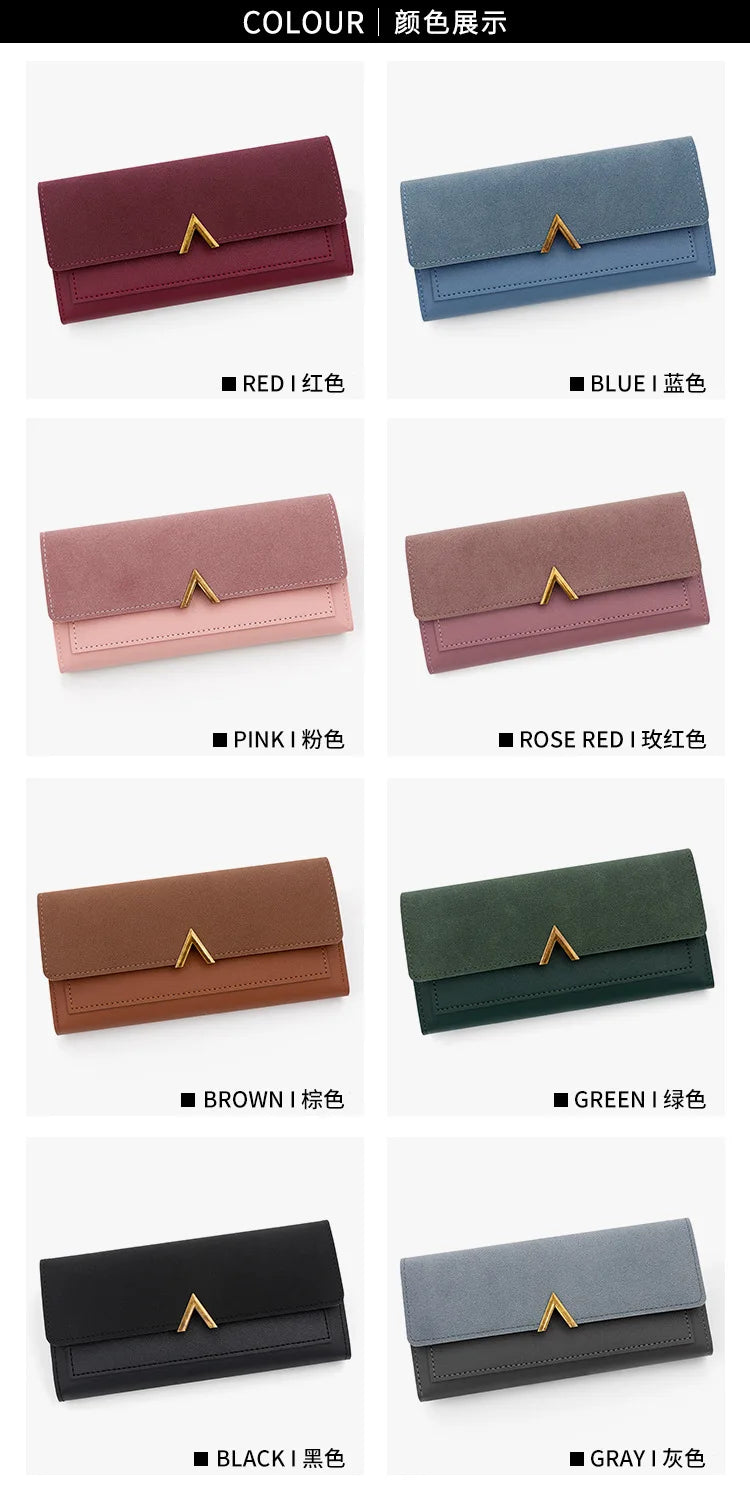A collection of tri-fold PU card holder wallets in various colors including red, blue, pink, rose red, brown, black, and gray