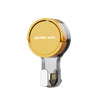 A gold suction hook with a clear plastic base and a silver clamp mechanism.