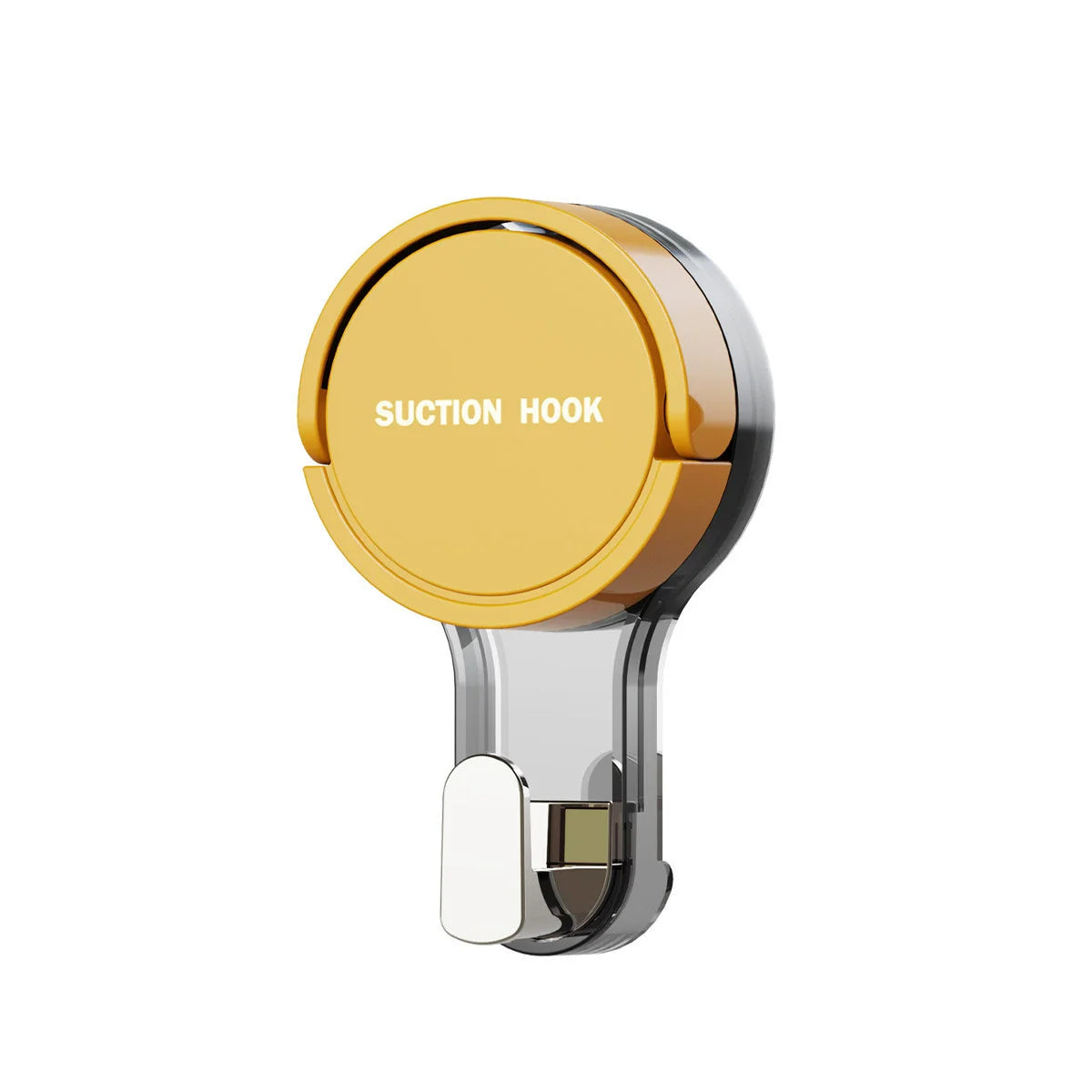 A gold suction hook with a clear plastic base and a silver clamp mechanism.
