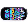A black zippered pouch featuring a vibrant neon graphic of the words SIX SEVEN and a stylized cartoon character.