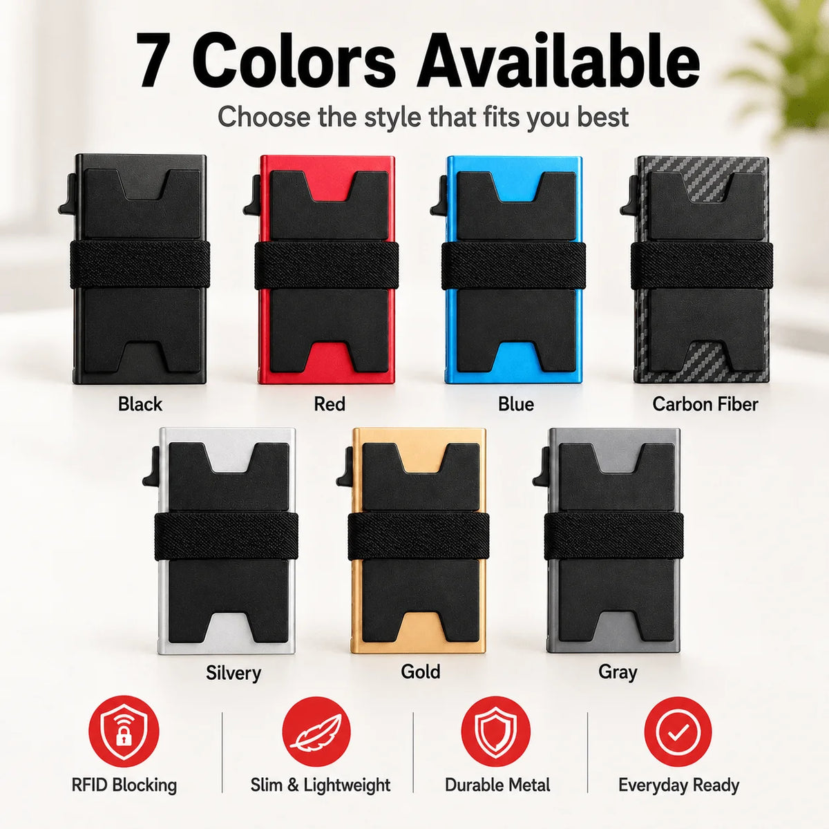 Sept couleurs de porte-cartes minimalistes anti-RFID, avec fonctionnalités de blocage et de durabilité.