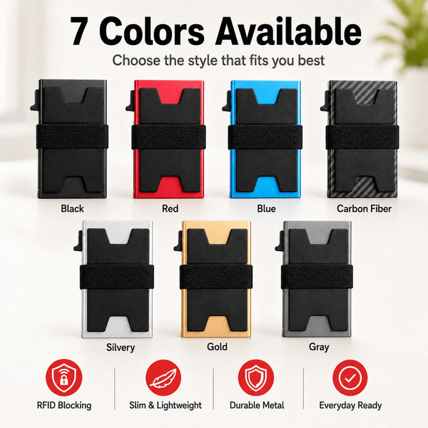 Seven colors of minimalist anti-RFID card holders displayed with features like RFID blocking and durability.