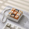 A white rectangular dish holds several small, tan and cream-colored cat-shaped fidget toys on a gray surface next to a white 