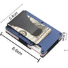 Cartera azul de aluminio delgada con ranura para tarjeta anti-RFID, vista desde arriba y perfil.