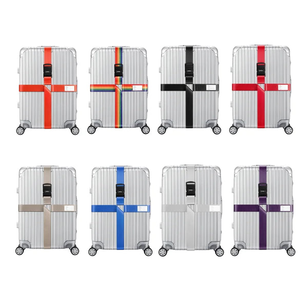 A set of silver luggage bags shown in various colors and configurations with red, black, blue, and purple cross straps.