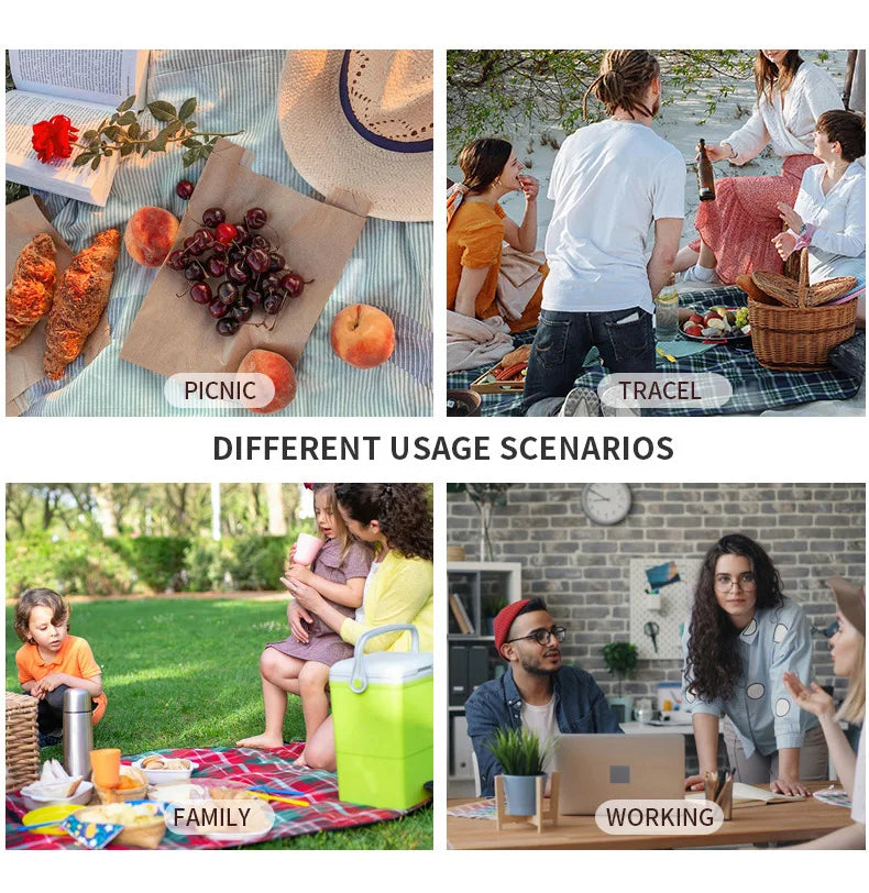 Una bolsa para almuerzo de picnic térmica y duradera, mostrada en uso para diversas situaciones al aire libre y laborales.