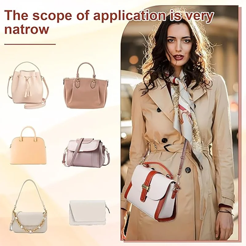 A woman models a beige trench coat with a pink and white bag strap set, showcasing various mini bags.