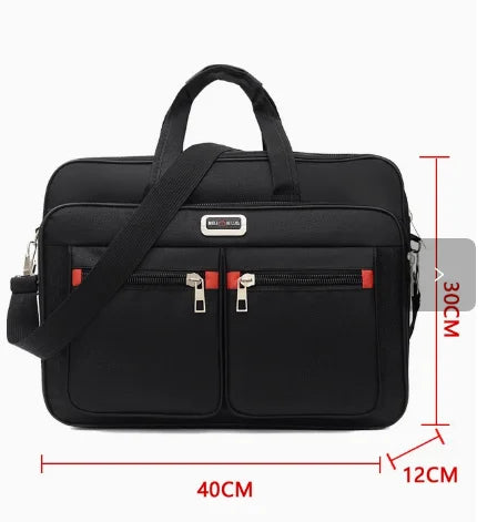 Black men's durable oxford briefcase with dual compartments and carrying strap.