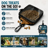 A black clip-on dog training treat pouch with a transparent window filled with dog treats, shown next to various training sce