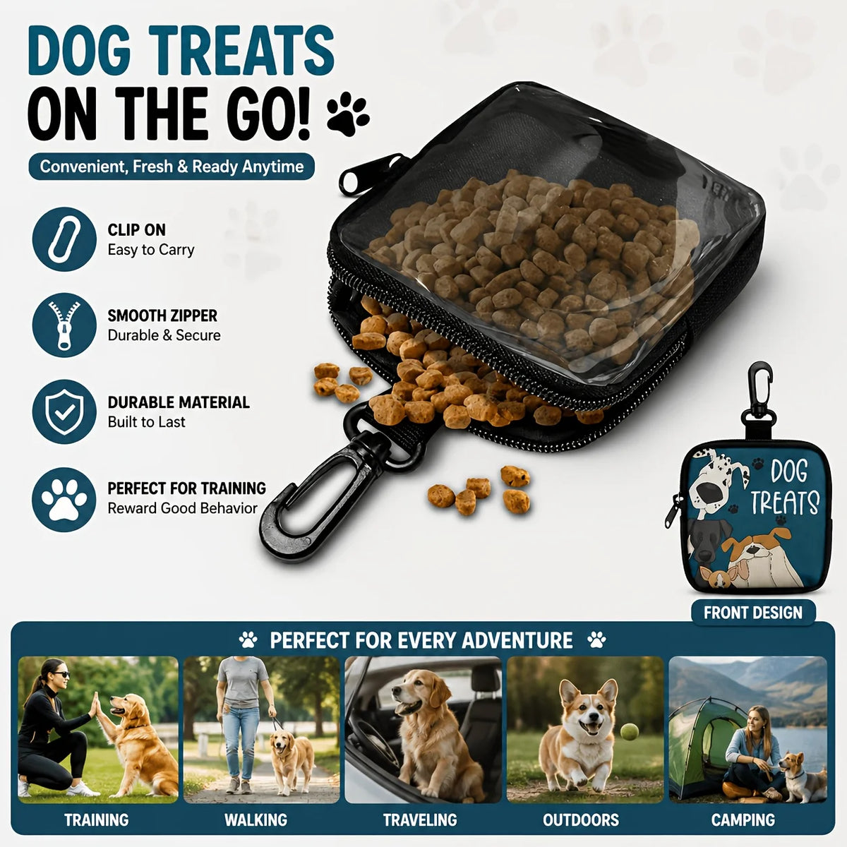 A black clip-on dog training treat pouch with a transparent window filled with dog treats, shown next to various training sce