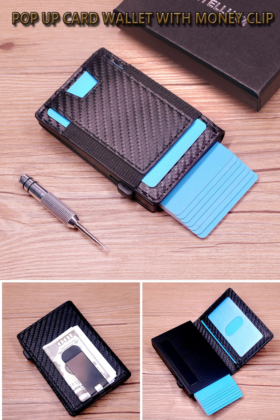 A black pop up card wallet with a money clip and a blue card insert shown in various angles.