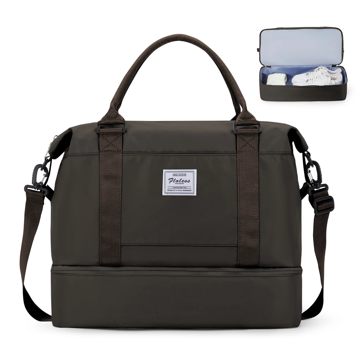 Maleta de viaje grande marrón oscuro con correa acolchada y compartimento para zapatos interior.