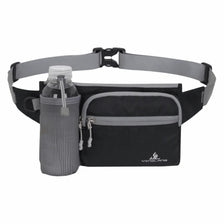 A black waterproof invisible waist pack with a clear bottle holder and gray straps.