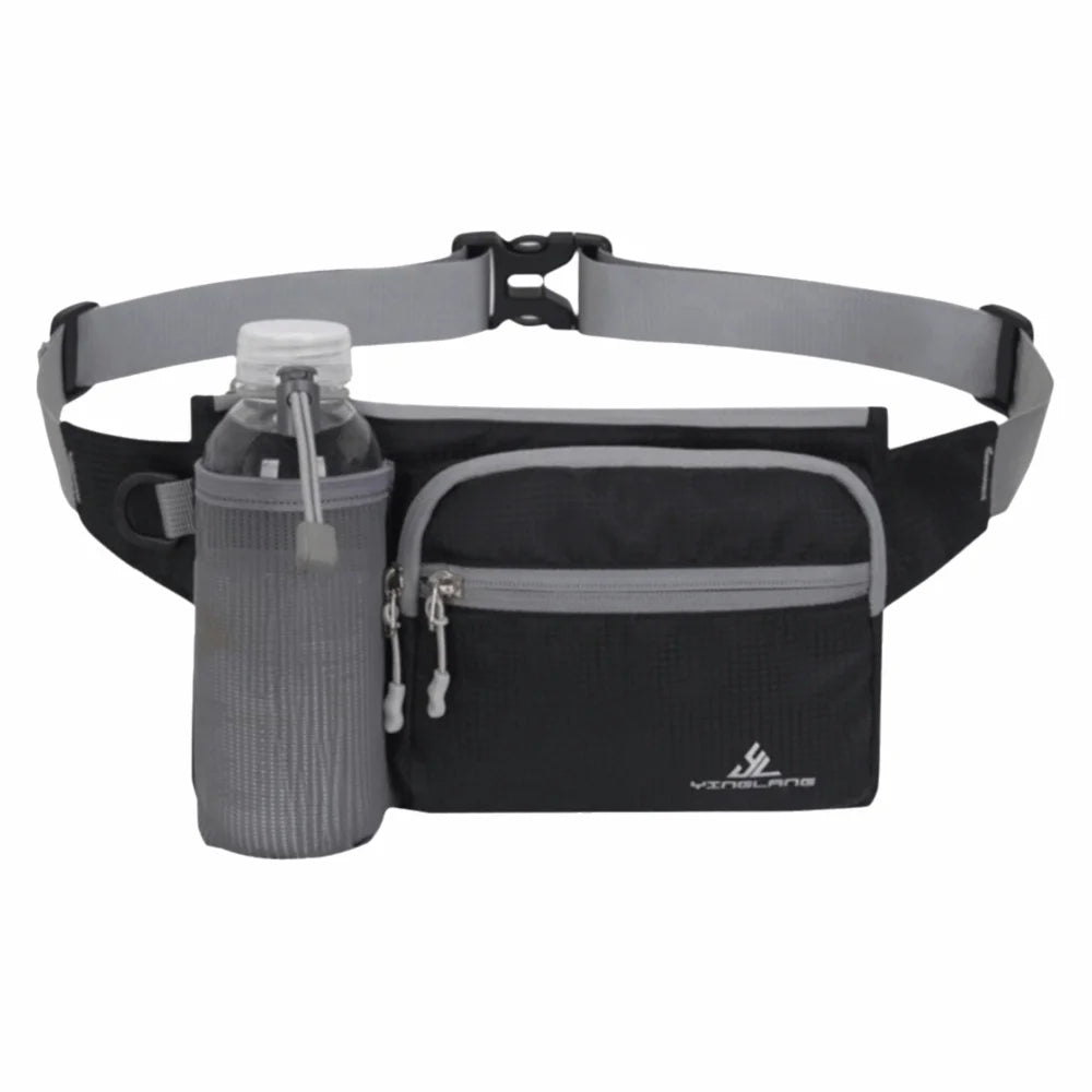 A black waterproof invisible waist pack with a clear bottle holder and gray straps.