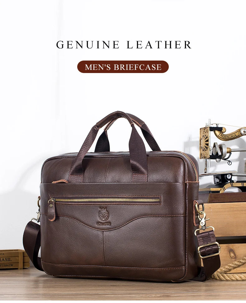 A brown genuine leather men's briefcase with brass hardware resting on a wooden surface.