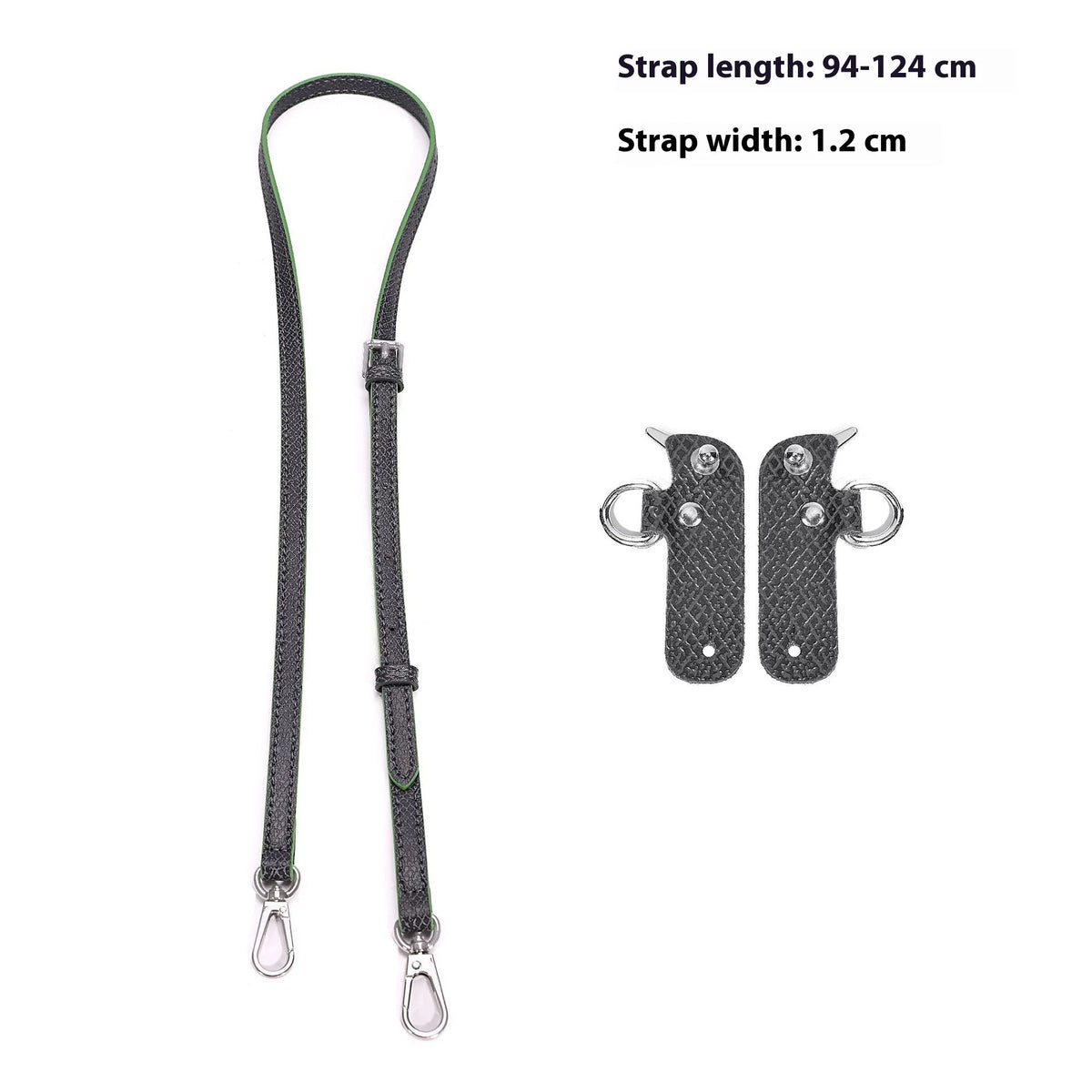 A set of adjustable strap lengths and widths for mini bags, shown with hardware.