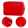 A bright red transparent PVC travel makeup bag with a zipper closure shown from the top and a close-up of the zippered openin