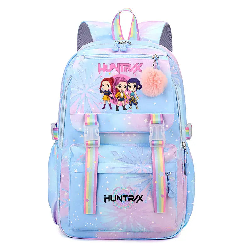 A light blue and pink patterned Huntrix laptop backpack featuring anime characters.
