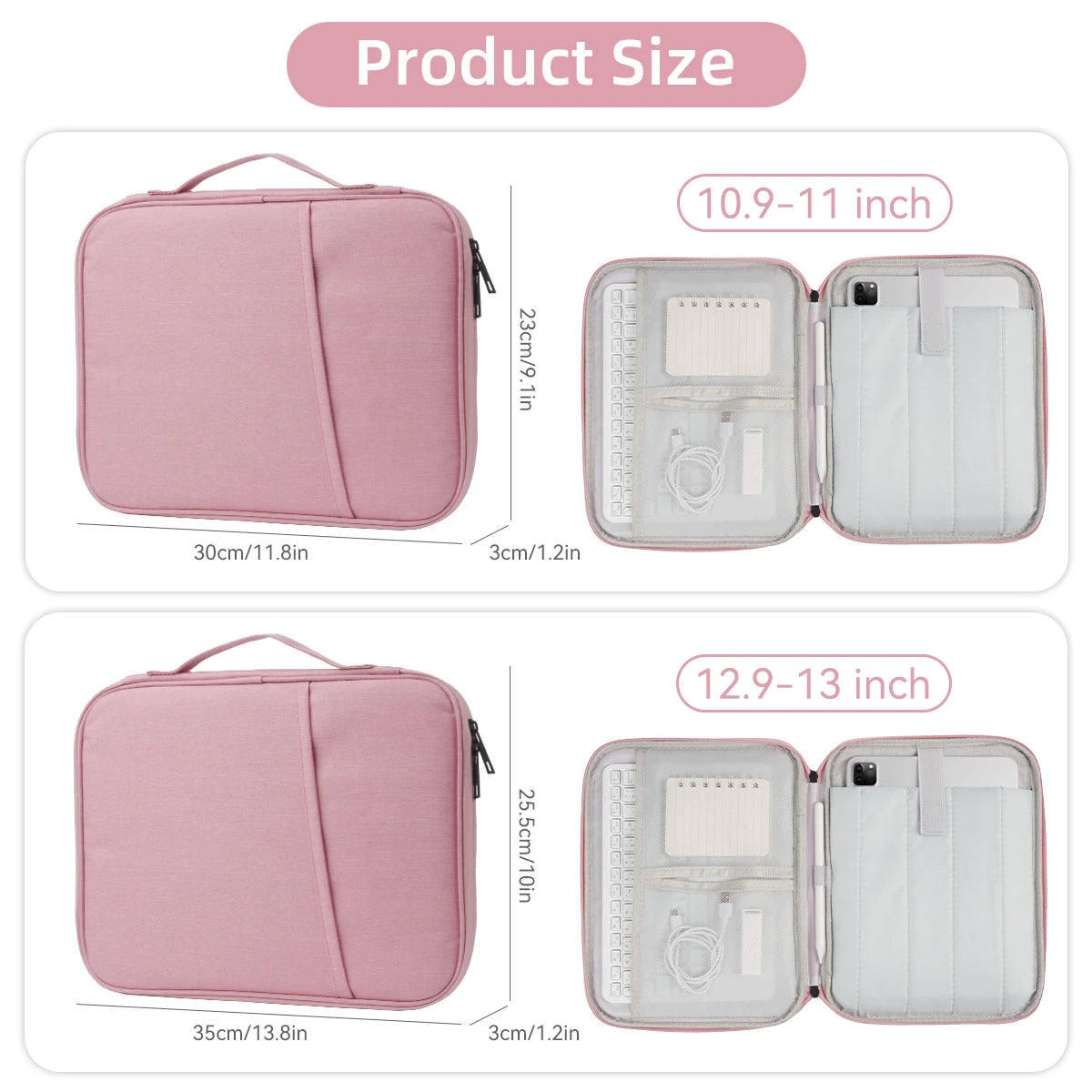 Funda protectora rosa para tabletas y laptops de 10.9 a 13 pulgadas, mostrada en varios tamaños.