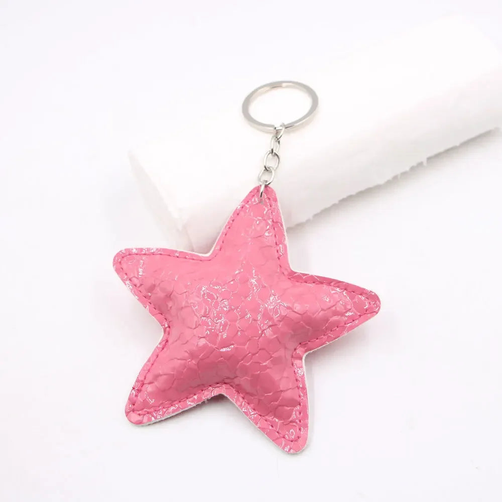 Pink glitter star leather key chain bag pendant with silver keyring