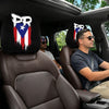 Black car interior showing leather headrest covers with a patriotic design on the seats