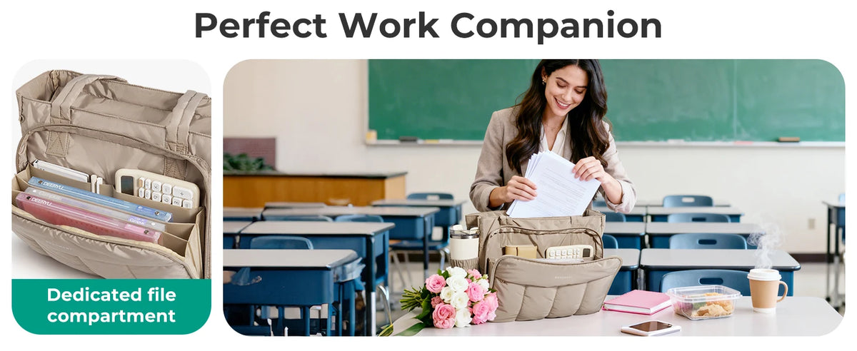A woman is organizing files and a laptop in a beige insulated work tote with a dedicated file compartment on a classroom desk