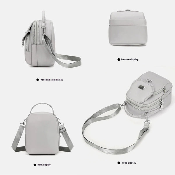 Helle graue strapazierfähige Blumen-Crossbody-Tasche in verschiedenen Ansichten.