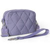 A lavender quilted nylon wristlet wallet with a silver chain and strap.