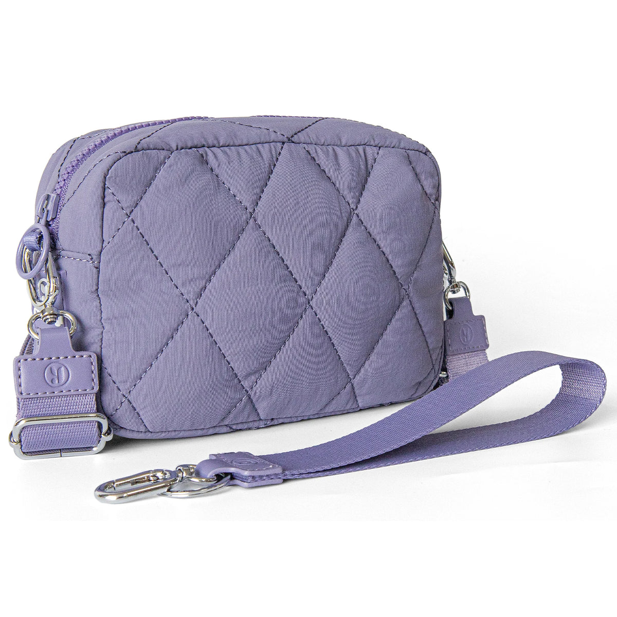 A lavender quilted nylon wristlet wallet with a silver chain and strap.