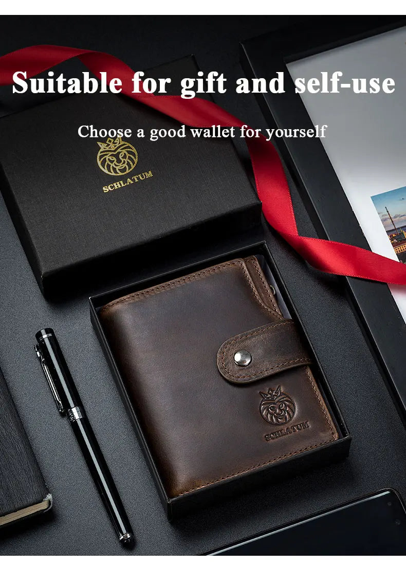 A brown genuine leather men's business wallet with a red ribbon, shown open in a black presentation box.