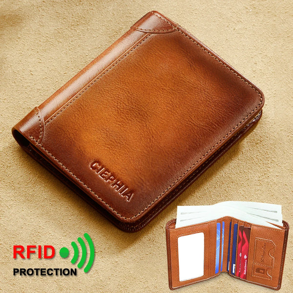 A brown genuine leather bifold wallet with RFID protection features shown on a tan background.