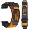 A black nylon sport strap with orange accents and branding for a Garmin watch.