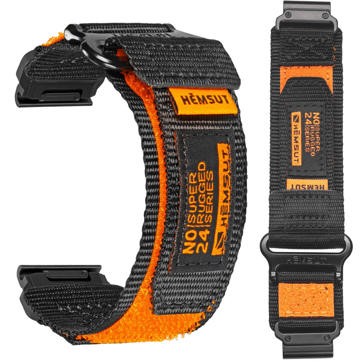 A black nylon sport strap with orange accents and branding for a Garmin watch.