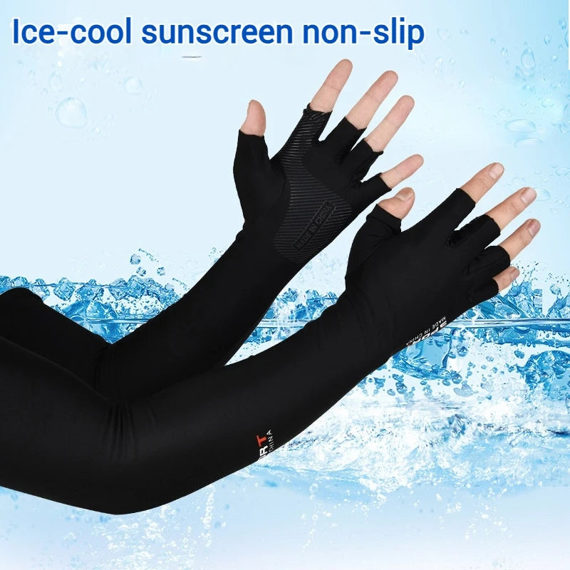 Man wearing non-slip, cool sunscreen arm sleeves in the water.
