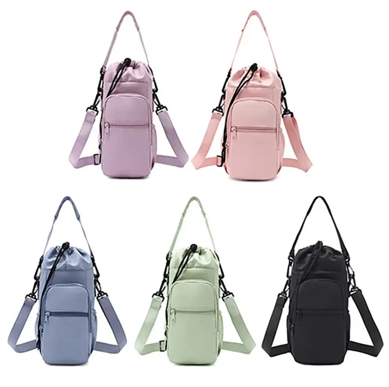 Three adjustable strap thermal water bottle bags in pink, mint green, and black.