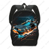 A black backpack featuring a graphic of a blue sports car with flames and lightning effects.