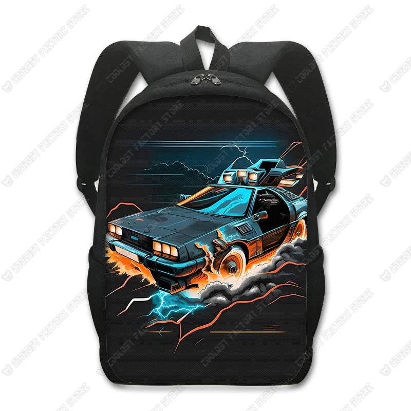 A black backpack featuring a graphic of a blue sports car with flames and lightning effects.