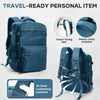 A dark blue travel backpack shown with close-ups of features like a chest fixing belt, heavy-duty handles, and 3D lined cushi